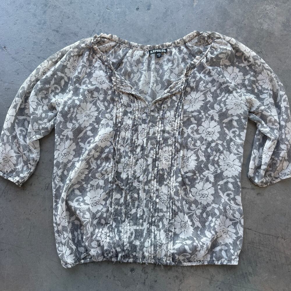 Vintage Y2k Express Chiffon Tie Up 3/4 Sleeve Floral Neutral Grey Blouse Small